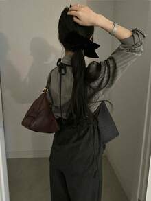 韩式早春法式复古单排扣系腰长袖条纹衬衫，女士叠穿上衣 - 灰色 - 查看 5