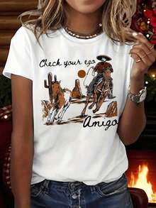 Solt - Women's Vintage Western Style Denim T-Shirt With "Look At Yourself" Slogan - Casual Short Sleeve Top With Denim Hat And Cactus Print For Western Themed Outfits, Holiday Costumes, Or Everyday Style With A Touch Of Personality. - 白色 - 查看 1