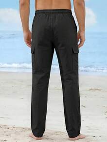 Pantalones cargo casuales de lino de estilo americano con ajuste holgado para hombres, pantalones anchos y transpirables con múltiples bolsillos, adecuados para todas las estaciones - Negro - Ver 3