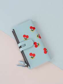 Women's Vertical Cherry Embroidered Short Minimalist Small Wallet, PU Water-Resistant Compact Cash Wallet, Suitable As Gift For Girlfriend - Dusty Blue - View 9