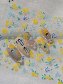 3D Embossed Nail Art Stickers With Gentle Fresh Style, Featuring Yellow Rose And Blue Bow Decor, Healing Atmosphere, Suitable For Commuting, Soft Chic Outfits, Gentle Manicure, Dating Occasions, Ideal For Gentle Enthusiasts, Students, Moms, Nail Art DIY Beginners, And Soft Girl - Multicolor - View 2