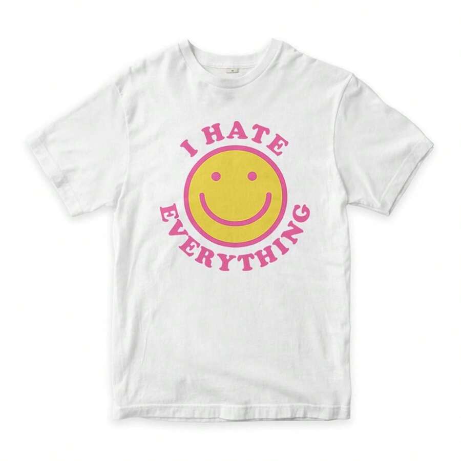 Camiseta con estampado "I Hate Everything S1miley Face", tallas para hombre y mujer. 220 g de algodón puro, manga corta. Tejido grueso, resistente a las arrugas y a la deformación. Estilo sencillo y versátil, ligero y transpirable, perfecto para ir al trabajo, viajar, acampar, ir de compras y para el tiempo libre. - Blanco - Ver 1