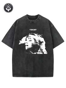 Vintage 230g Washed Cotton T-Shirt With Face Print, Loose Streetwear Style Fit, Dropped Shoulder Design, Washed Cotton With Worn Effect, Suitable For Casual And Sportswear, Ideal As A Holiday Gift. - 黑色 - 查看 7