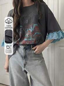 Camiseta de manga corta para mujer con ajuste holgado, estampado de letras, parches de encaje, de algodón transpirable, versátil para primavera/verano, camisetas gráficas oversize para mujer - Gris 3 - Ver 1