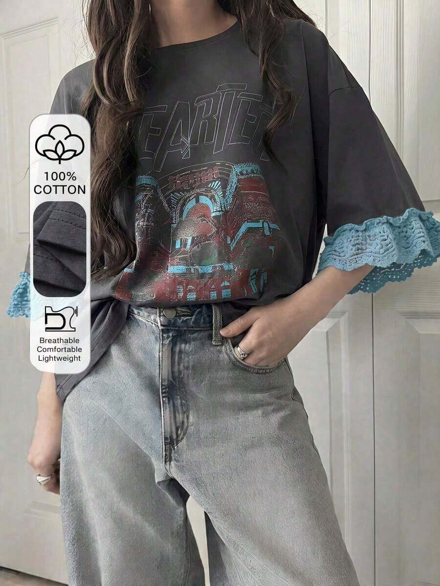 Camiseta de manga corta para mujer con ajuste holgado, estampado de letras, parches de encaje, de algodón transpirable, versátil para primavera/verano, camisetas gráficas oversize para mujer - Gris 3 - Ver 1