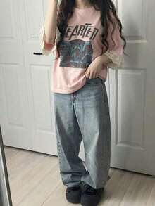 Camiseta de manga corta para mujer con ajuste holgado, estampado de letras, parches de encaje, de algodón transpirable, versátil para primavera/verano, camisetas gráficas oversize para mujer - Rosa - Ver 10