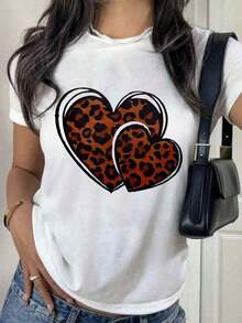 Playera Blanca de Mujer con Gráfico de Corazón de Leopardo y Letras LOVE, Camiseta de Estilo Boho Retro Aesthetic Manga Corta, Top Romántico Moderno, Blusa Casual de Moda EGNC - Verde - Ver 11