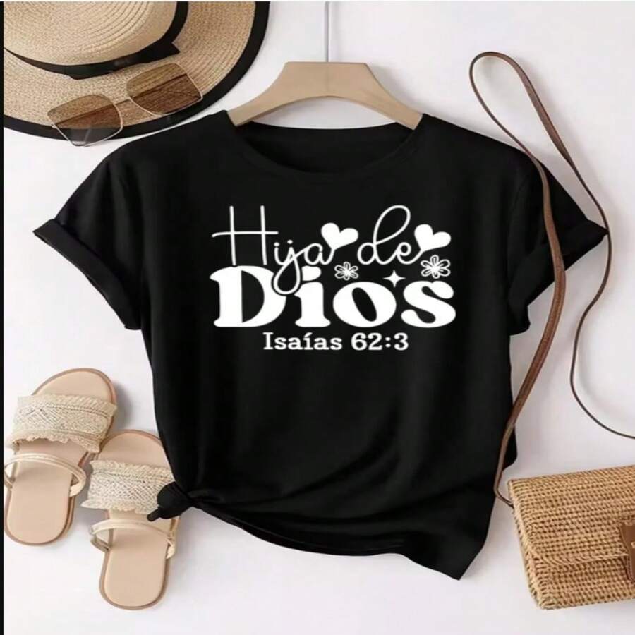 Women's Black Cotton Round Neck Short Sleeve T-Shirt with White Scripture Print, Casual and Chic High Stretch Top - Negro - Ver 1