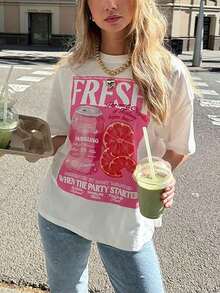Camiseta de manga corta con estampado de agua con gas de pomelo FRESH para mujer de Solt, estilo retro americano Y2K, dulce grunge, con temática de frutas, informal, de corte holgado, adelgazante, cómoda y transpirable, estilo urbano para vacaciones, camiseta de mujer, perfecta para el día a día, look grunge urbano, reuniones de chicas, vacaciones en la playa, festivales de música, conjuntos de verano. - Blanco - Ver 1