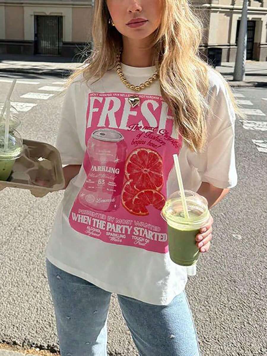 Camiseta de manga corta con estampado de agua con gas de pomelo FRESH para mujer de Solt, estilo retro americano Y2K, dulce grunge, con temática de frutas, informal, de corte holgado, adelgazante, cómoda y transpirable, estilo urbano para vacaciones, camiseta de mujer, perfecta para el día a día, look grunge urbano, reuniones de chicas, vacaciones en la playa, festivales de música, conjuntos de verano. - Blanco - Ver 1