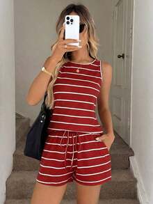 Conjunto de top y pantalones cortos a rayas deportivos y casuales de primavera/verano para mujer, moda y comodidad con elasticidad - Rojo - Ver 1
