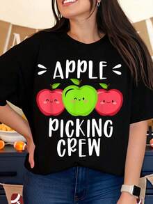 Camiseta a juego familiar con diseño de manzanas adorables de Apple Picking Crew, atuendo para el Festival de la Cosecha de Otoño, camiseta de temporada de otoño para mujeres y niños. - Negro - Ver 1