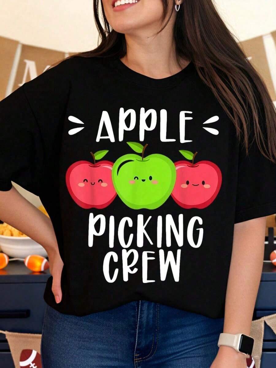 Camiseta a juego familiar con diseño de manzanas adorables de Apple Picking Crew, atuendo para el Festival de la Cosecha de Otoño, camiseta de temporada de otoño para mujeres y niños. - Negro - Ver 1