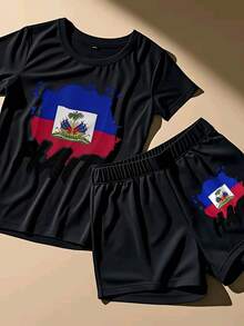Plus Size 2Pcs Set Women's Featuring The Flag Of Haiti Printed Outfit, Crew Neck Short Sleeve T-Shirt And Biker Shorts Set, Casual Summer Daily Wear - 黑色 - 查看 2