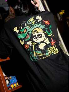 Camiseta de mujer "Zero Heroes" con estampado gráfico de panda y dragón, estilo casual, vintage, de manga corta, cuello redondo, estilo Y2K, ropa de calle estética, ligera, transpirable y cómoda para uso diario, ideal para estilo urbano, skate park, festivales de música, salidas informales, regalo para entusiastas de los dibujos animados y la cultura urbana. Cómoda y ligera. - Negro - Ver 1