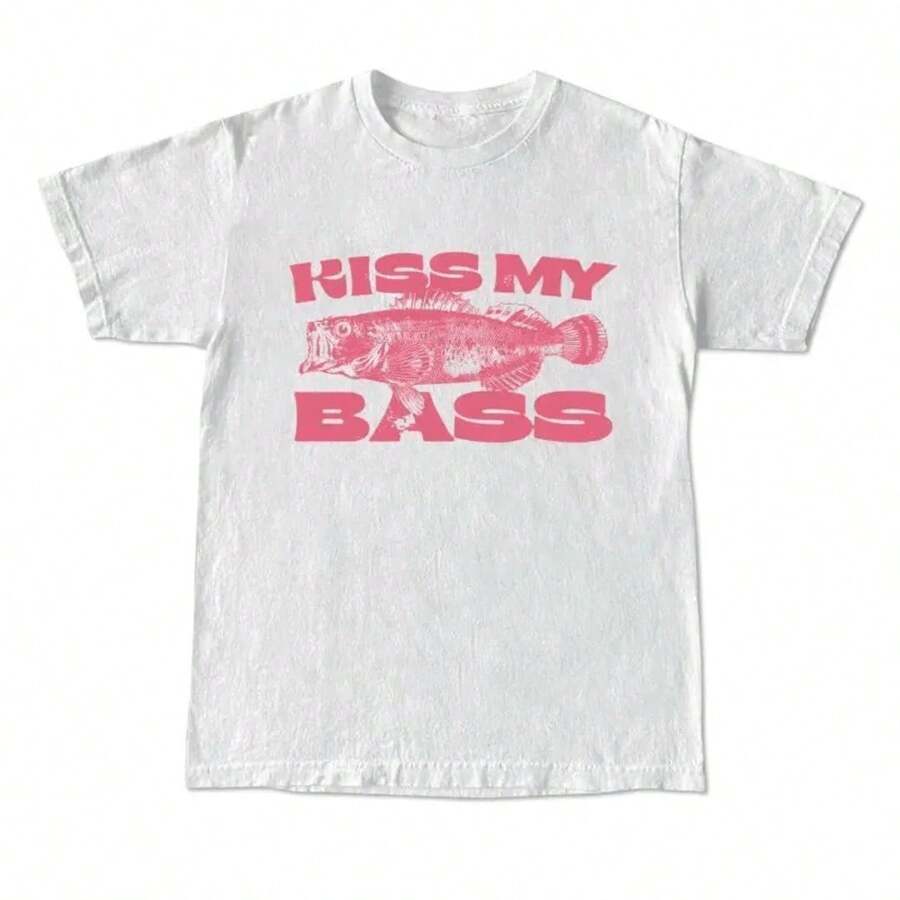 1 Piece Kiss My Bass Vintage Style Fishing T-Shirt, Fisherman Graphic Design T-Shirt, Pink Design, Limited Edition, Men's Clothing, Birthday, Christmas, Unisex, 180g, 100% Cotton - 白色 - 查看 1