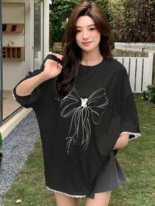Camiseta de manga corta , holgada, con cuello redondo, estampada, de gran tamaño, 100% algodón. - Negro - Ver 3