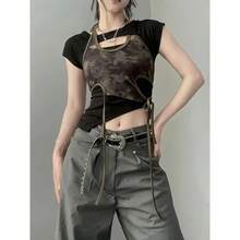 Conjunto de dos piezas de verano para mujer: camiseta retro estilo "Spicy Girl" con estampado de camuflaje, cuello de malla y tirantes colgantes, corte ajustado y corto, estilo casual y a la moda. - Conjunto de dos piezas a color de la imagen - Ver 3