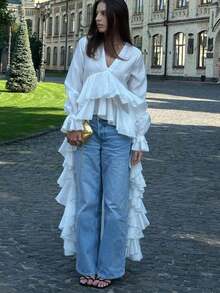 White Beach Blouse With Ruffles, V-Neck And Bell Sleeves, Exclusive Design With Long Trailing Skirt - White - View 2