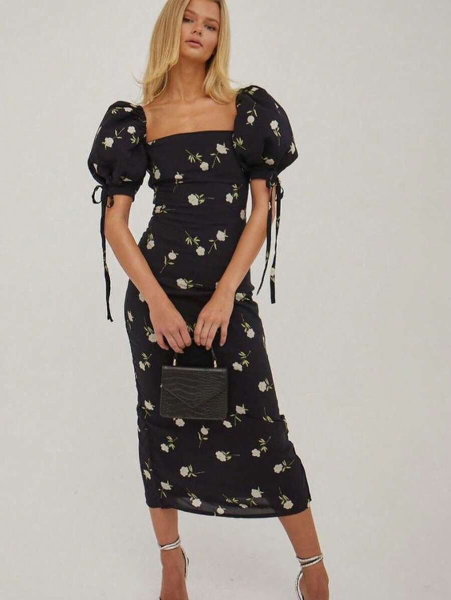 Vestido vacacional floral 2026, cuello barco, manga pompom, corte ajustado largo estilo francés - Negro - Ver 1