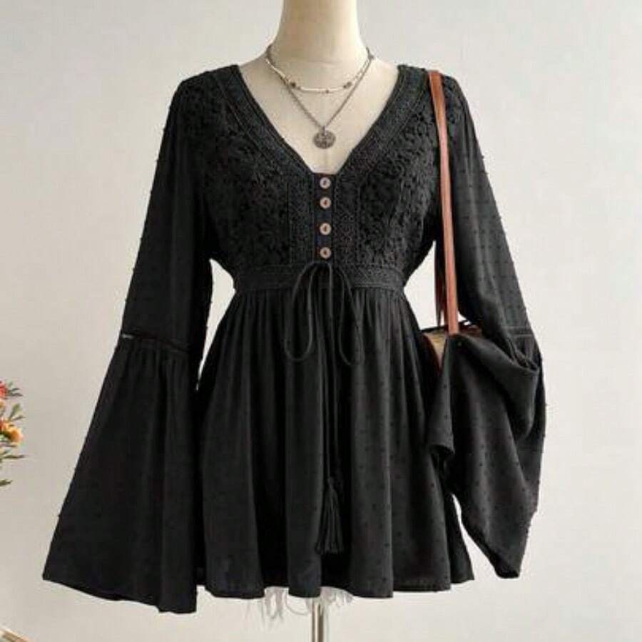 Women's Bohemian Lace Patchwork Flare Sleeve Tie Waist Blouse, Suitable For Vacation, Casual, Elegant Wear, Music Festival Spring - Negro - Ver 1