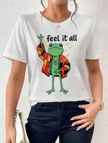 ofertas y liquidacionesPlayera Para Mujer,Divertido Rana Con Abrigo, Camiseta Gráfica - Estampado de Rana y Eslogan "Feel It All ", Corte Holgado, Cuello Redondo, Manga Corta para Uso Diarioplayera de hombretops sudaderas para mujer Y2k Camiseta Camisa De - Negro - Ver 1