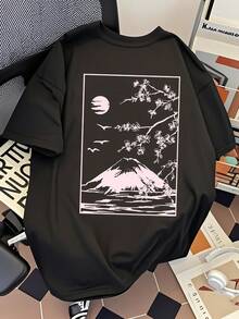 Men's Oversized T-Shirt With Mountain Print, Limited Edition, Short Sleeve, Crew Neck, Cotton, Men's Clothing, Harajuku Summer Style, Y2k, Lightweight Cotton - 黑色 - 查看 12