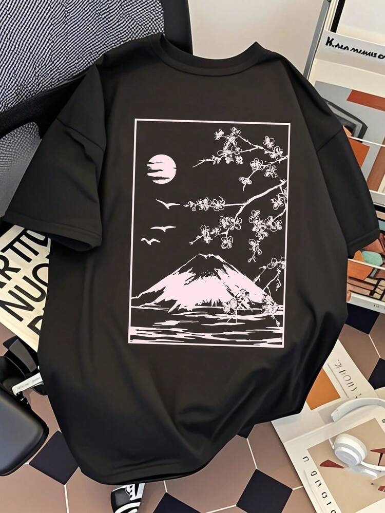 Men's Oversized T-Shirt With Mountain Print, Limited Edition, Short Sleeve, Crew Neck, Cotton, Men's Clothing, Harajuku Summer Style, Y2k, Lightweight Cotton - màu đen - Xem 12