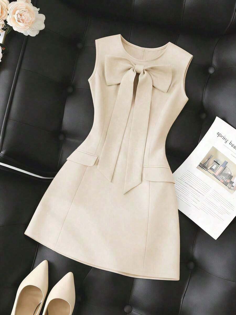 Vestido de mujer de unicolor, cuello redondo, ajustado, con lazo delantero y sin mangas - Albaricoque - Ver 1