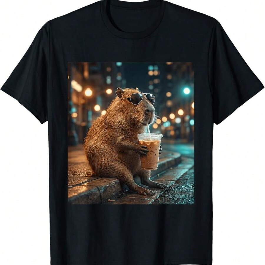 Capybara Drinking Iced Coffee Animal Meme T-Shirt - Black - View 1