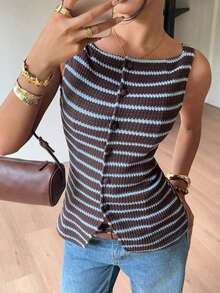 Camisa ajustada sin mangas de mujer con estampado de lunares - Marrón - Ver 4