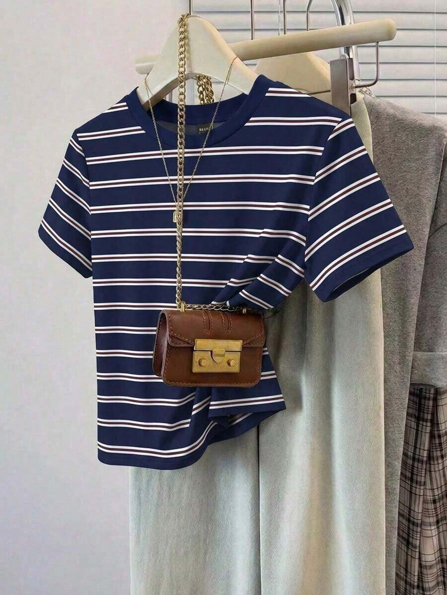Camiseta holgada de cuello redondo y manga corta de estilo minimalista casual para mujer, con estampado de rayas, conjunto de ocio para mujer - Multicolor 5 - Ver 1