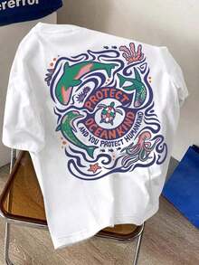 Camiseta para Mujer con Estampado de Vacaciones Italianas, Cuello Redondo, Manga Corta, Diseño Casual - Negro - Ver 1