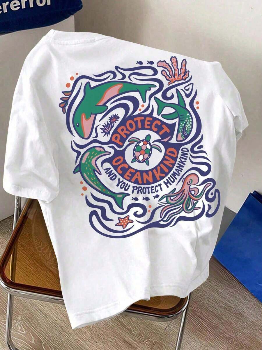 Camiseta para Mujer con Estampado de Vacaciones Italianas, Cuello Redondo, Manga Corta, Diseño Casual - Negro - Ver 1