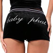 BABYPHAT Women's Velour Booty Shorts With Ribbed Waistband And Script Print For Casual Lounge Wear And Streetwear Style - Negro - Ver 2