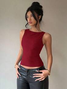 Blusa sin mangas con cuello redondo y lazo en la espalda, para uso casual y de oficina, en color negro con lunares rosas y marrones - Rojo - Ver 3
