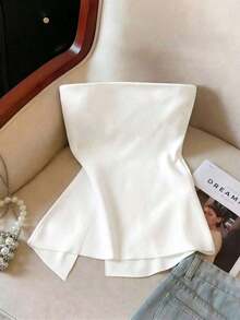 Nueva Moda Primavera/Verano Sexy Blusa Bandeau con Abertura, Cintura Suave Fruncida y Estampado de Lunares Blancos - Blanco - Ver 2