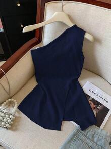 Camiseta elegante de unicolor con cuello asimétrico y abertura - Azul marino - Ver 1