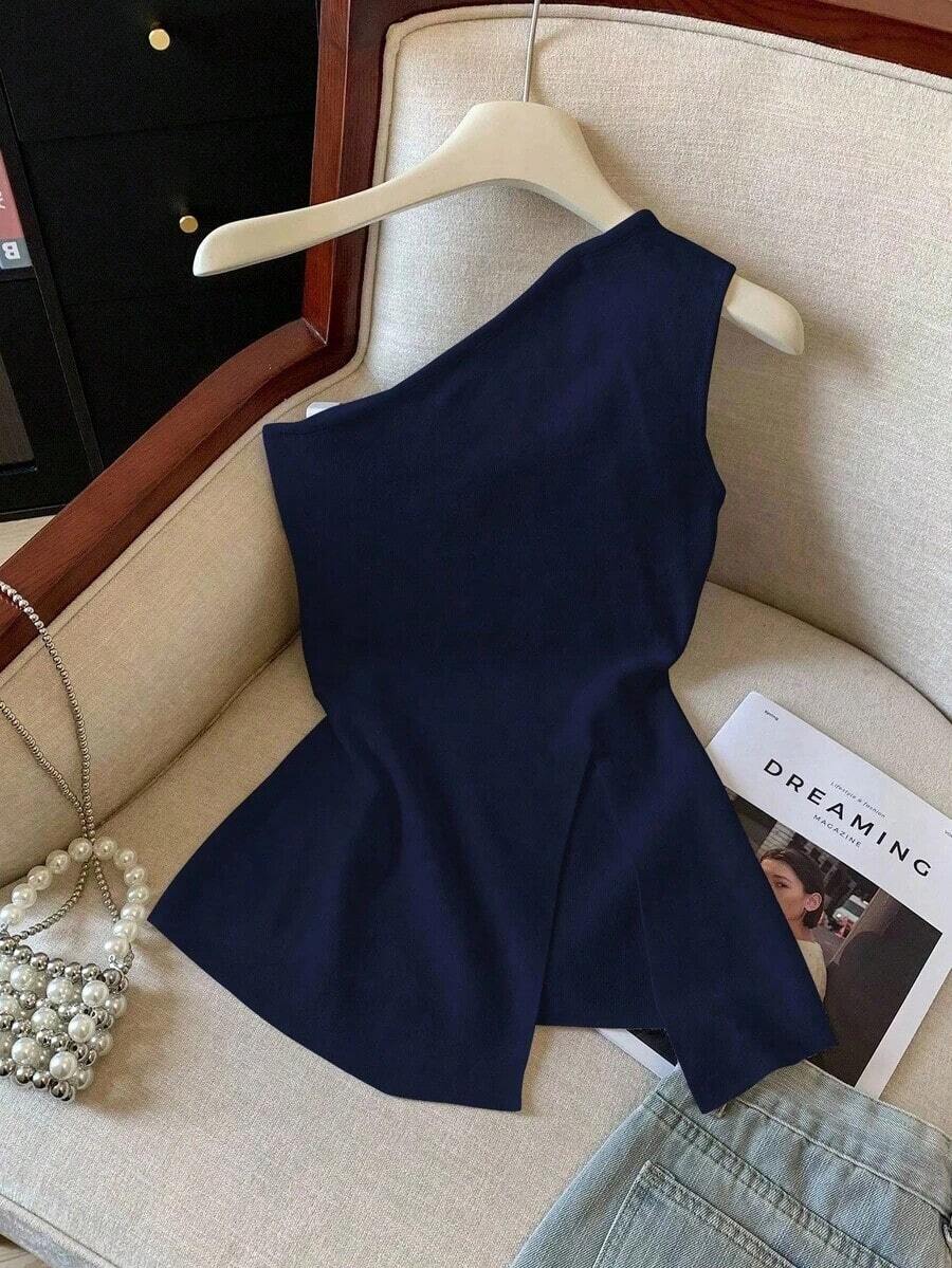 Camiseta elegante de unicolor con cuello asimétrico y abertura - Azul marino - Ver 1