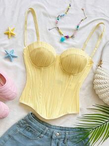 Top corto de camisola con textura de punto de onda para vacaciones, conjunto sexy para la playa/cita - Amarillo claro - Ver 6