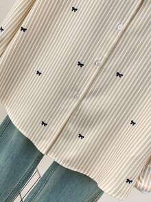 Camisa de manga larga con estampado a rayas y lazo, con botones delanteros, cuello de camisa, top casual, adecuado para primavera, otoño e invierno en color rosa - Albaricoque - Ver 6