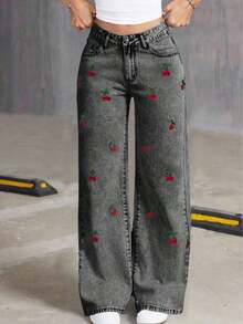 Jeans cómodos de pierna ancha con cintura elástica, lazo y bordado, estilo de moda callejera para adolescentes - Gris Oscuro - Ver 2
