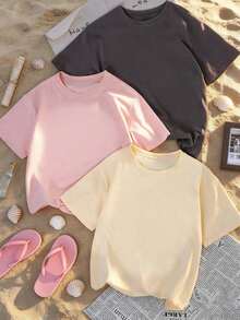 Set de 3 camisetas de manga corta de cuello redondo minimalistas y casuales de verano, tops versátiles y de moda para mujeres - Gris oscuro, rosa y albaricoque - Ver 10