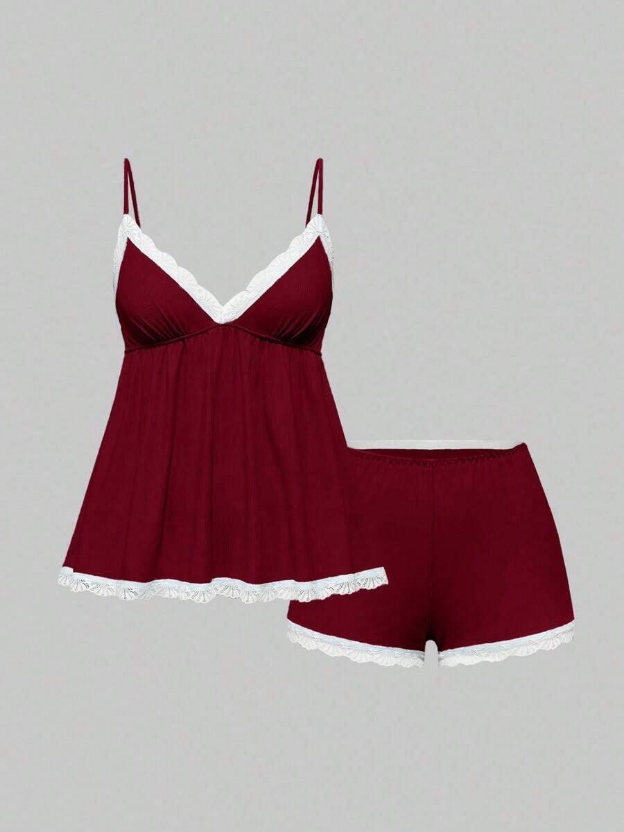 Conjunto de pijama casual de camiseta de tirantes acanalada y shorts con encaje - Burdeos - Ver 1