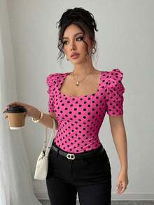 Camiseta casual de mujer, elegante y sexy, de manga corta, cuello joya, mangas abullonadas, puños fruncidos, estampado de lunares blancos y negros, silueta ajustada, adecuada para vacaciones - Multicolor 3 - Ver 5