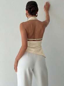 Camisa elegante de oficina para mujer, blusa asimétrica sin mangas con cuello halter y espalda descubierta, con botones decorativos ajustables, negra y entallada, para uso en la oficina.Ropa de primavera/verano, elegante y sexy. - Albaricoque - Ver 2