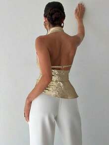 Camisa elegante de oficina para mujer, blusa asimétrica sin mangas con cuello halter y espalda descubierta, con botones decorativos ajustables, ajustada, negra, para oficina.Camisa de oficina para mujer, ropa de primavera/verano, elegante, sexy - Dorado 2 - Ver 8