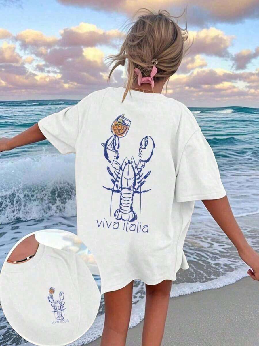 Camiseta informal de manga corta y cuello redondo para mujer con un bonito estampado de langosta. Top de largo normal. - Blanco - Ver 1
