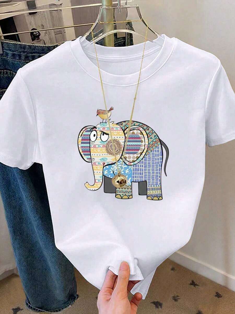 Camiseta informal de manga corta y cuello redondo con estampado de elefante para mujer, estilo bohemio, ideal para el verano. - Blanco - Ver 1