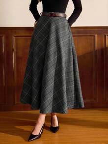 DECDS Falda elegante vintage para mujer con bolsillos y cinturón a cuadros, falda casual de vacaciones, falda gris de otoño, invierno y Navidad, falda para invitada de boda - Negro - Ver 9